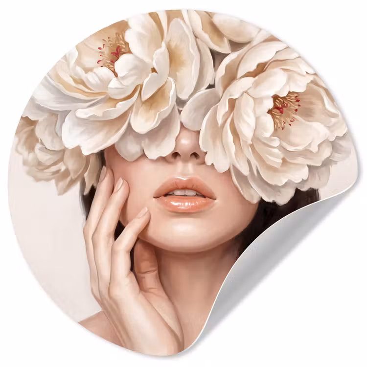 Gezicht - Pioenrozen - Crème Wandcirkel behangsticker klein -3d