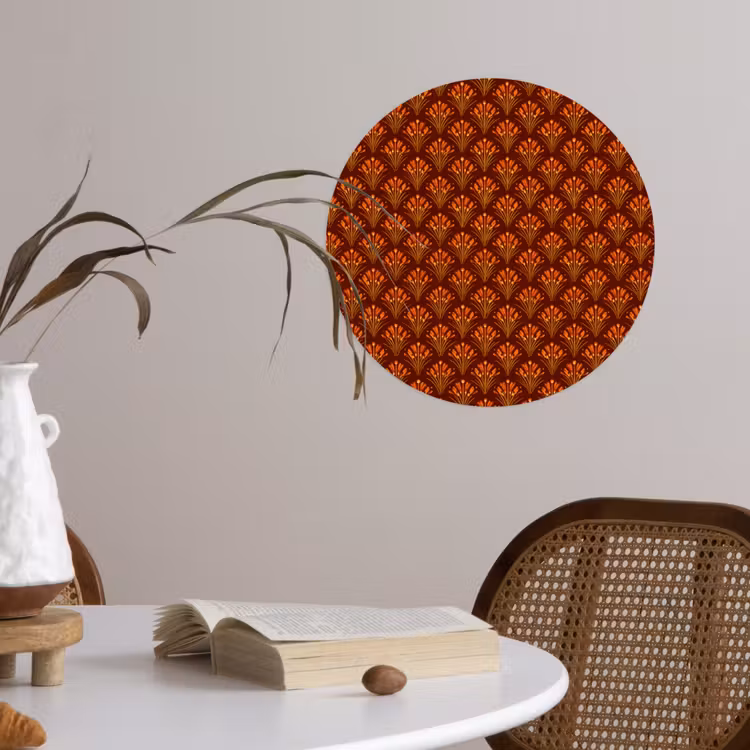 Waaiers - Art Deco - Botanisch - Roestbruin - Oranje Wandcirkel behangsticker klein 186 -sfeer3