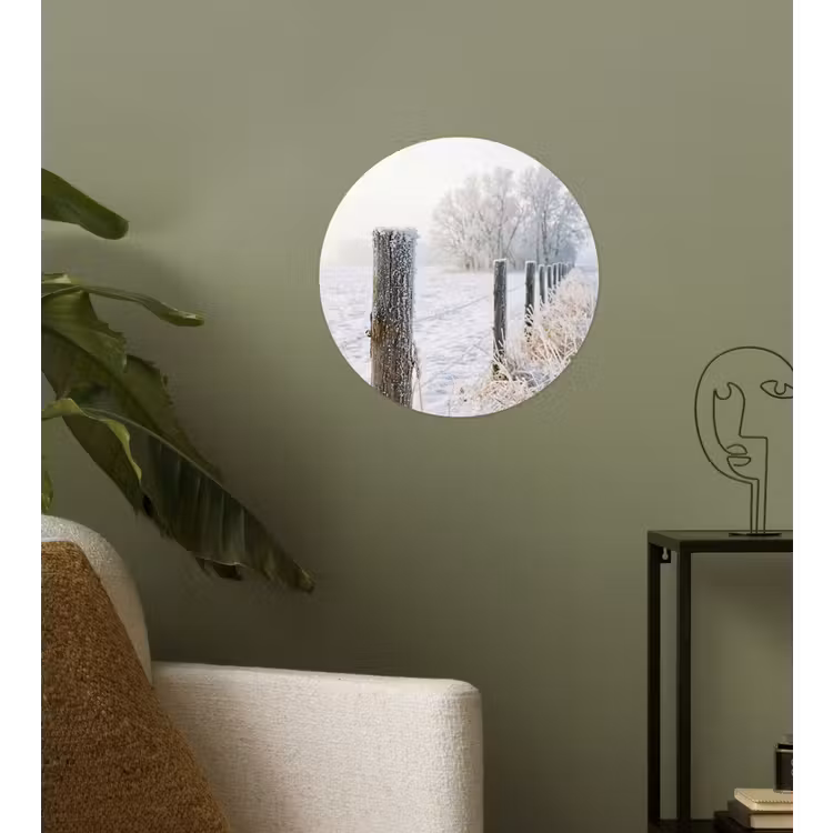 Hek - Sneeuw - Mist - Platteland - Nostalgisch Wandcirkel behangsticker klein -sfeer2