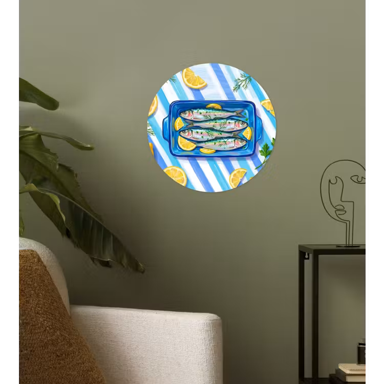 Vis - Citroen - Kruiden - Eten - Blauw Wandcirkel behangsticker klein -sfeer2