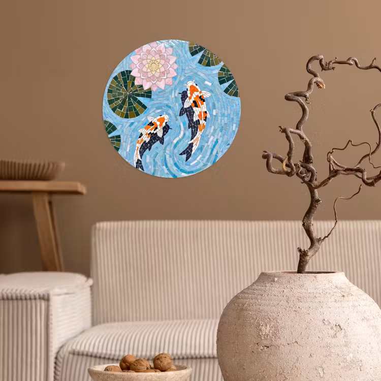 Vis - Water - Natuur - Mozaïek - Blauw Wandcirkel behangsticker klein -sfeer1