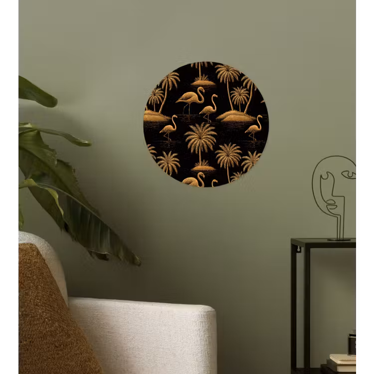 Flamingo - Palmbomen - Tropisch - Goud - Zwart Wandcirkel behangsticker klein 186 -sfeer2
