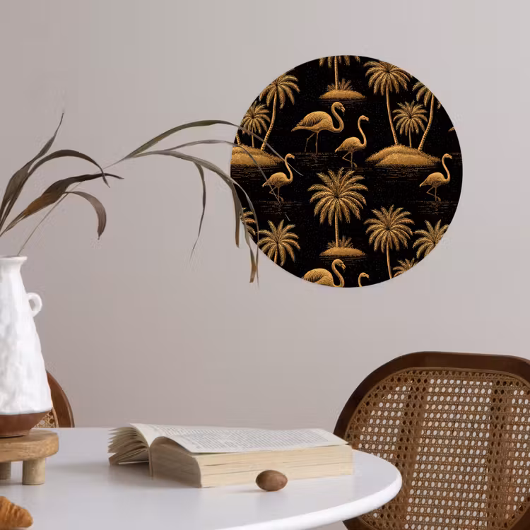 Flamingo - Palmbomen - Tropisch - Goud - Zwart Wandcirkel behangsticker klein 186 -sfeer3