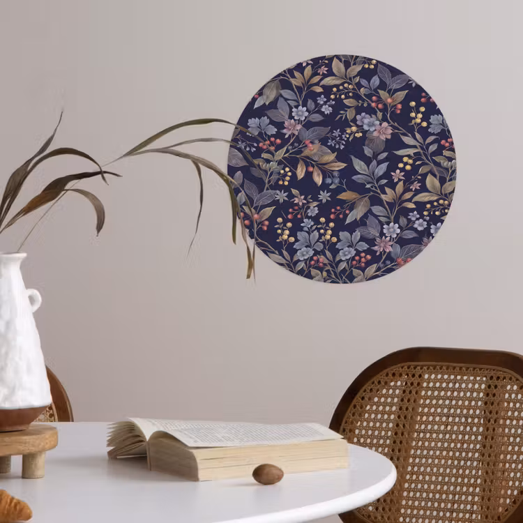 Bloemen - Bladeren - Patroon - Botanisch - Donkerblauw Wandcirkel behangsticker klein -sfeer3