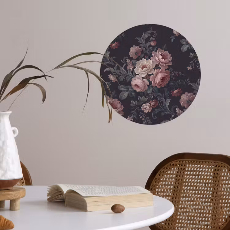 Bloemen - Patroon - Sierlijk - Roze - Donker Wandcirkel behangsticker klein -sfeer3