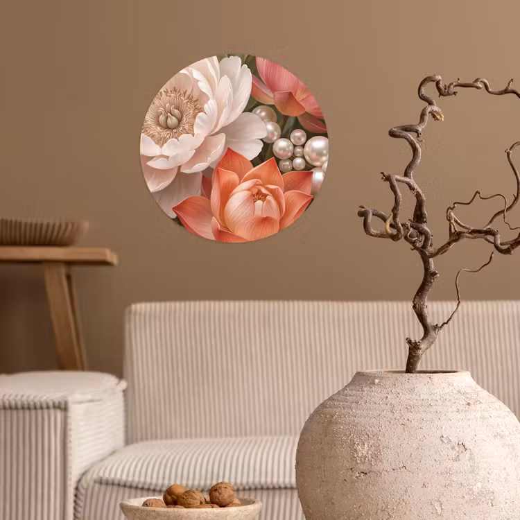 Bloemen - Parels - Elegant - Roze - Wit Wandcirkel behangsticker klein -sfeer1