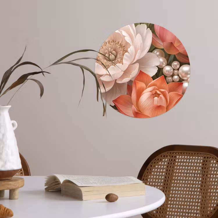 Bloemen - Parels - Elegant - Roze - Wit Wandcirkel behangsticker klein -sfeer3