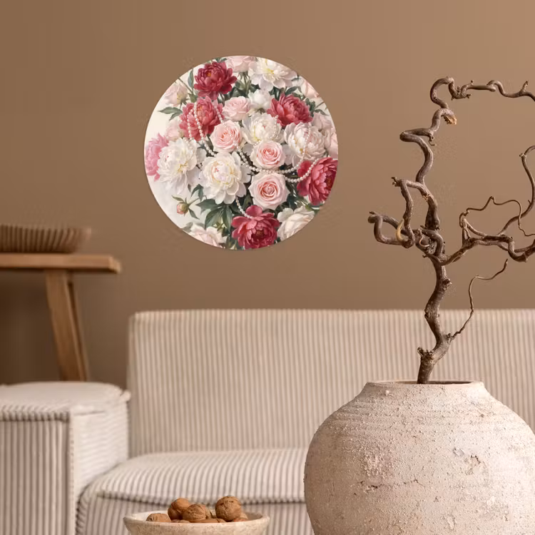 Bloemen - Parels - Romantiek - Klassiek - Roze Wandcirkel behangsticker klein -sfeer1