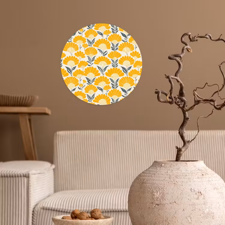 Bloemen - Retro - Botanisch - Okergeel - Grijs Wandcirkel behangsticker klein 186 -sfeer1
