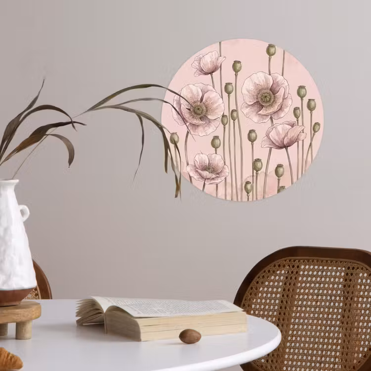 Bloemen - Zomer - Natuur - Aquarel - Roze Wandcirkel behangsticker klein -sfeer3