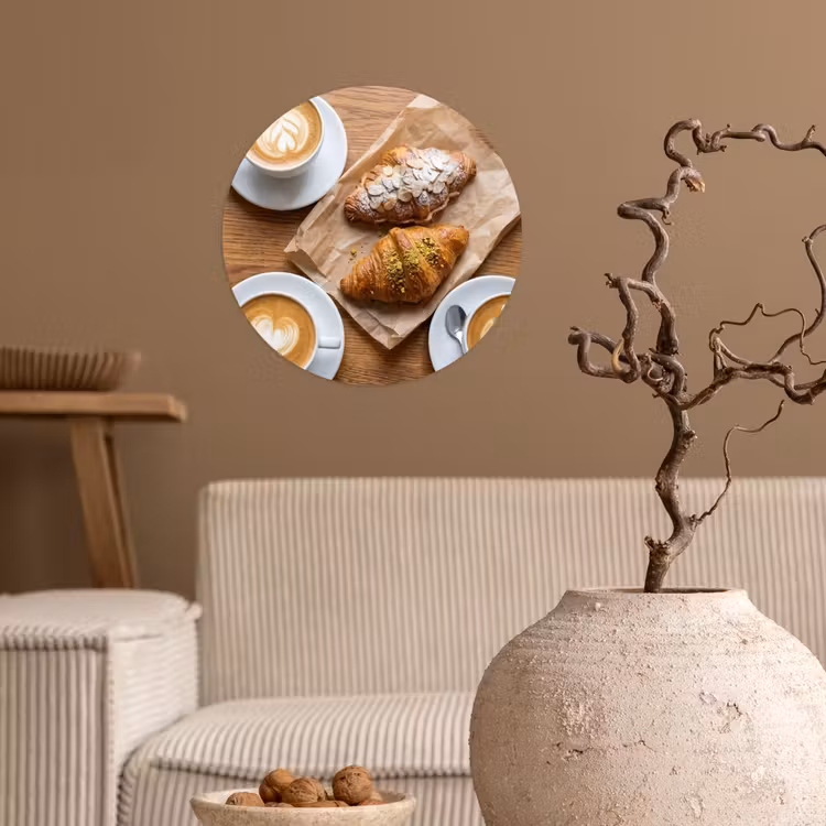 Eten - Croissant - Koffie - Ontbijt - Modern Wandcirkel behangsticker klein -sfeer1