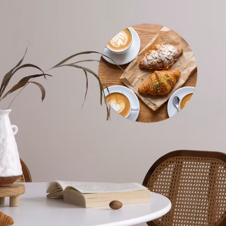 Eten - Croissant - Koffie - Ontbijt - Modern Wandcirkel behangsticker klein -sfeer3