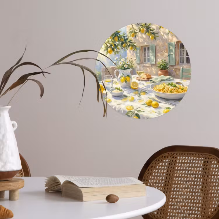 Eten - Terras - Zomer - Geschilderd - Geel Wandcirkel behangsticker klein -sfeer3