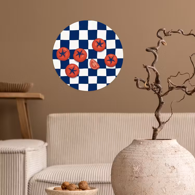 Eten - Tomaten - Keuken - Illustratie - Rood-Blauw Wandcirkel behangsticker klein -sfeer1