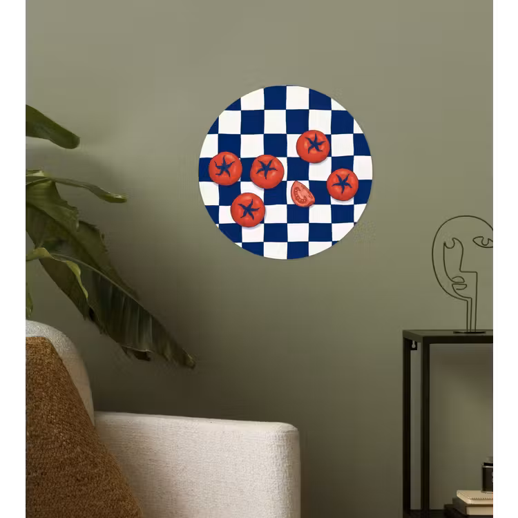 Eten - Tomaten - Keuken - Illustratie - Rood-Blauw Wandcirkel behangsticker klein -sfeer2