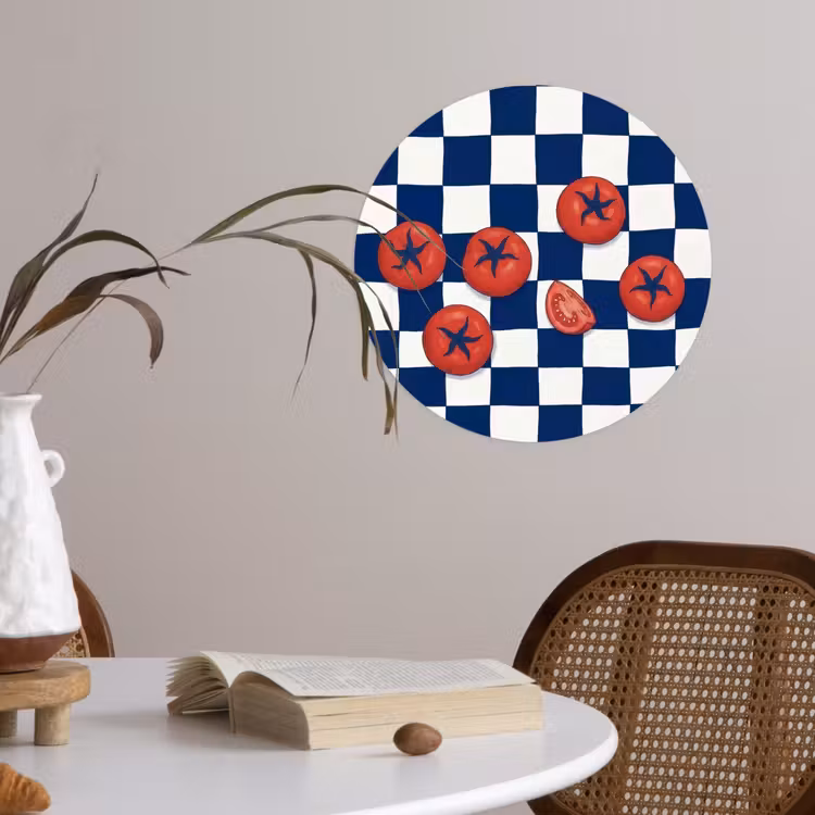 Eten - Tomaten - Keuken - Illustratie - Rood-Blauw Wandcirkel behangsticker klein -sfeer3