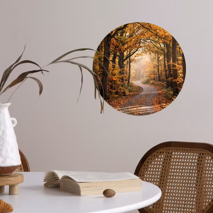 Bospad - Herfstbos - Bladeren - Oranje - Nostalgisch Wandcirkel behangsticker klein -sfeer3