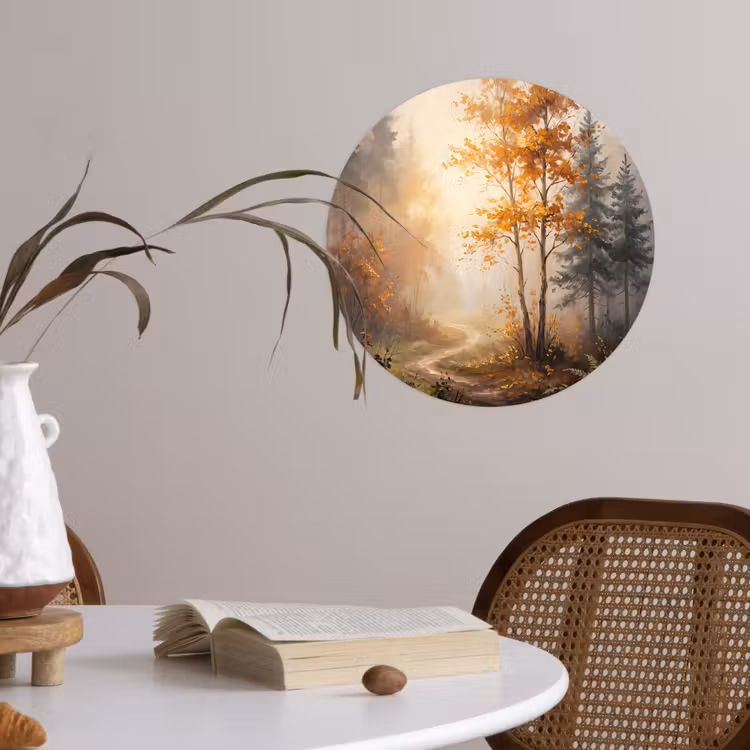 Bospad - Herfstbladeren - Natuur - Schilderachtig - Oranje Wandcirkel behangsticker klein -sfeer3