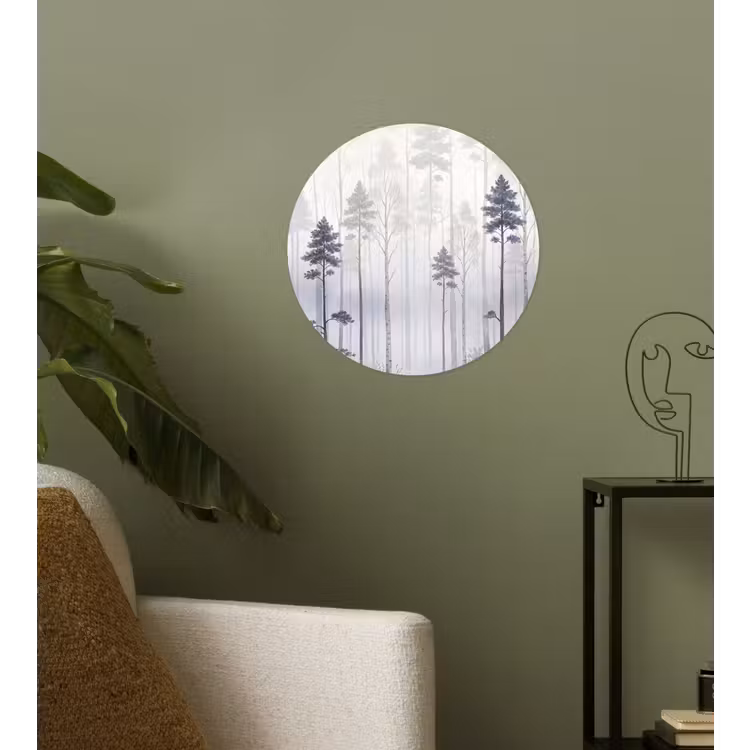 Bos - Bomen - Mist - Natuur - Illustratie - Grijs Wandcirkel behangsticker klein -sfeer2