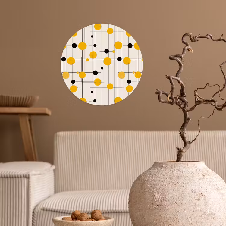 Geometrisch - Retro - Lijnen - Okergeel - Zwart Wandcirkel behangsticker klein 186 -sfeer1