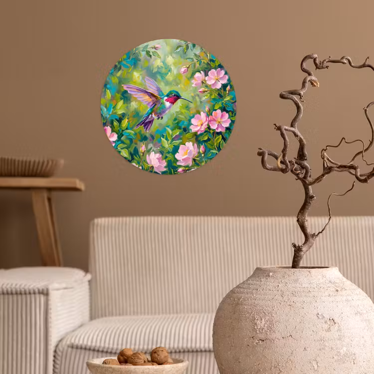 Kolibrie - Bloemen - Natuur - Kleurrijk Wandcirkel behangsticker klein -sfeer1