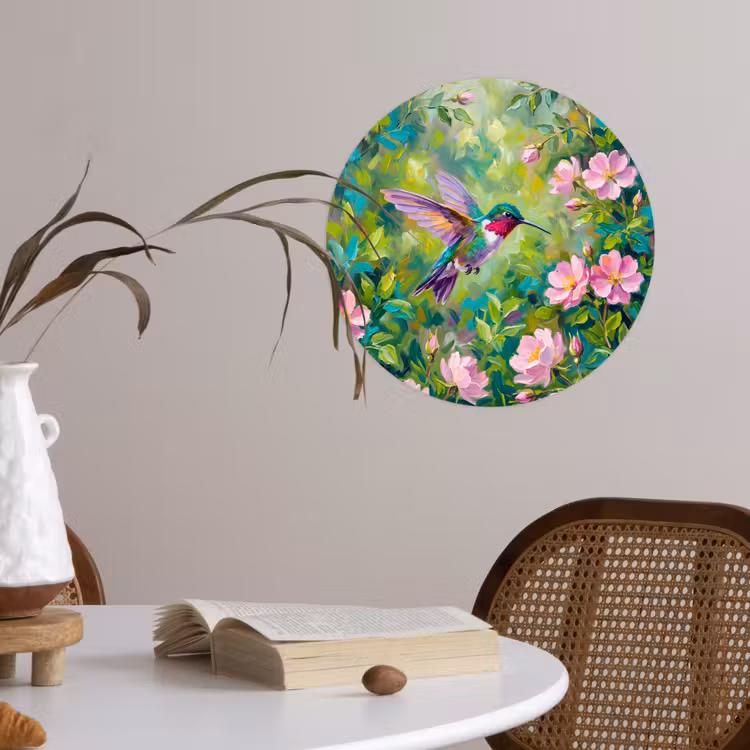 Kolibrie - Bloemen - Natuur - Kleurrijk Wandcirkel behangsticker klein -sfeer3