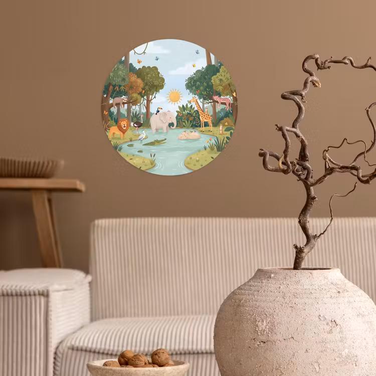 Jungle - Oase - Dieren - Kleurrijk Wandcirkel behangsticker klein -sfeer1