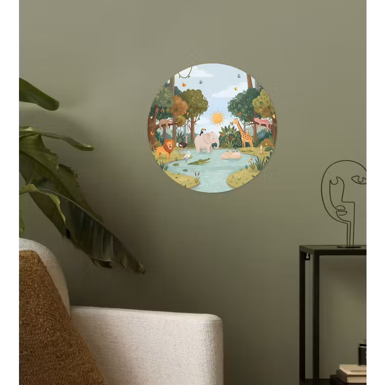 Jungle - Oase - Dieren - Kleurrijk Wandcirkel behangsticker klein -sfeer2