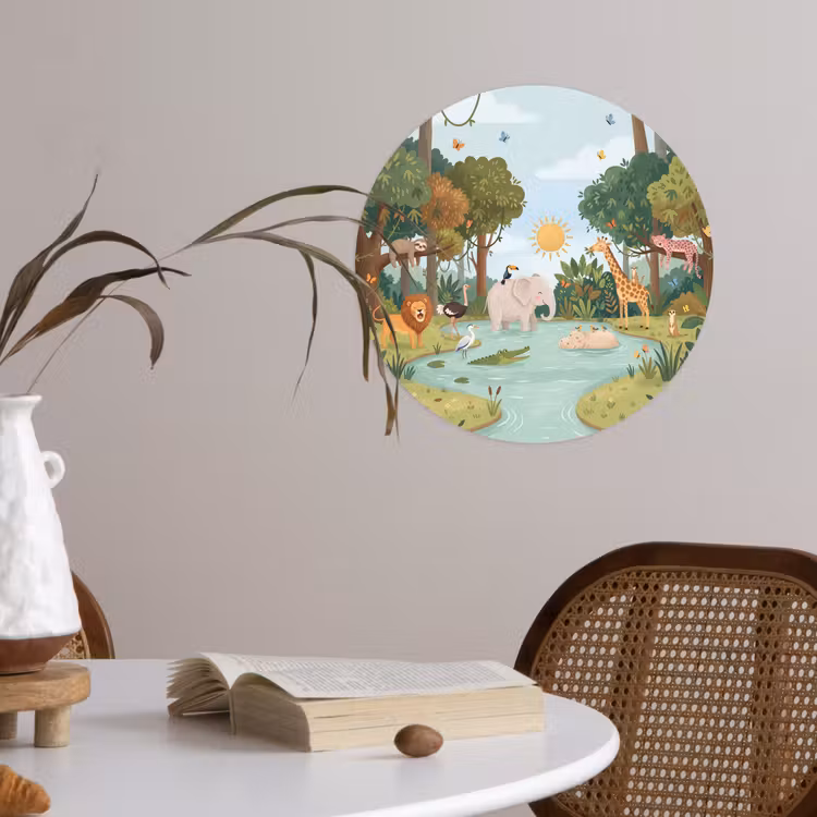 Jungle - Oase - Dieren - Kleurrijk Wandcirkel behangsticker klein -sfeer3