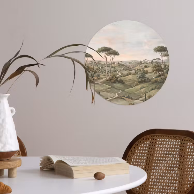 Landschap - Heuvels - Zandpad - Groen Wandcirkel behangsticker klein -sfeer3