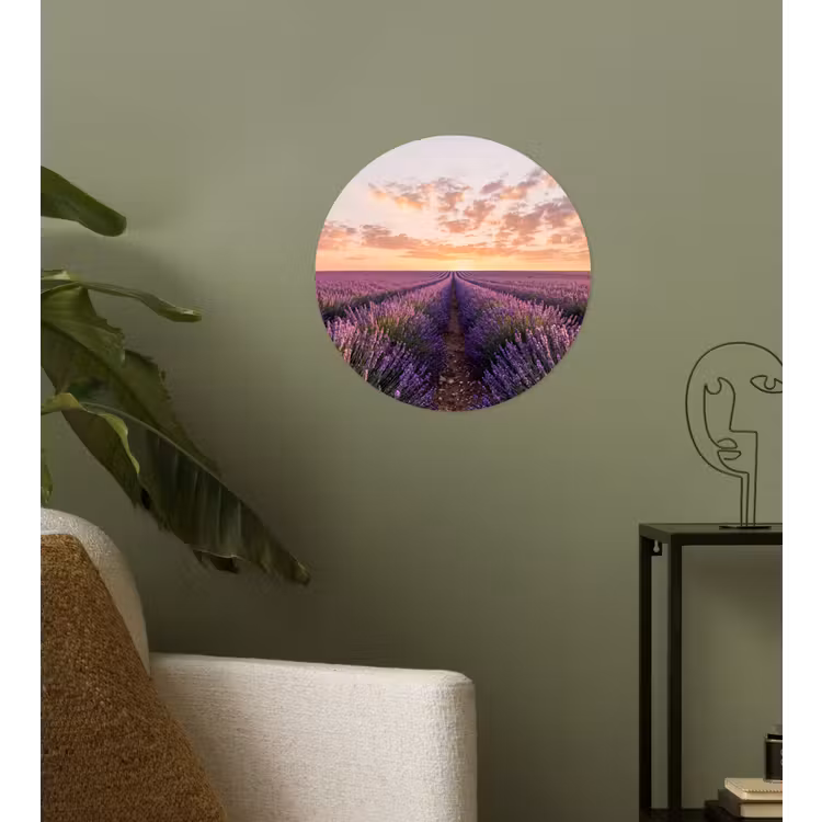 Landschap - Lavendelveld - Paars Wandcirkel behangsticker klein -sfeer2