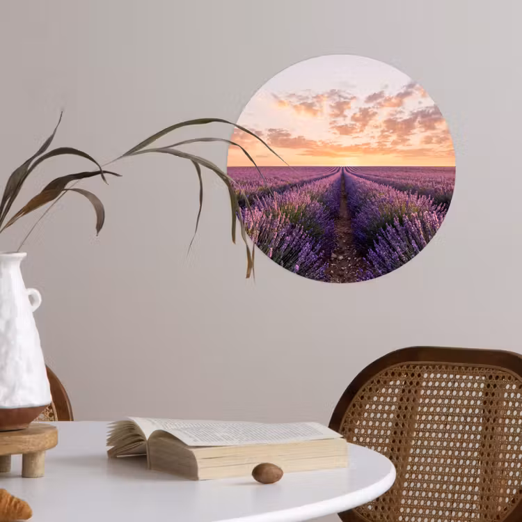 Landschap - Lavendelveld - Paars Wandcirkel behangsticker klein -sfeer3