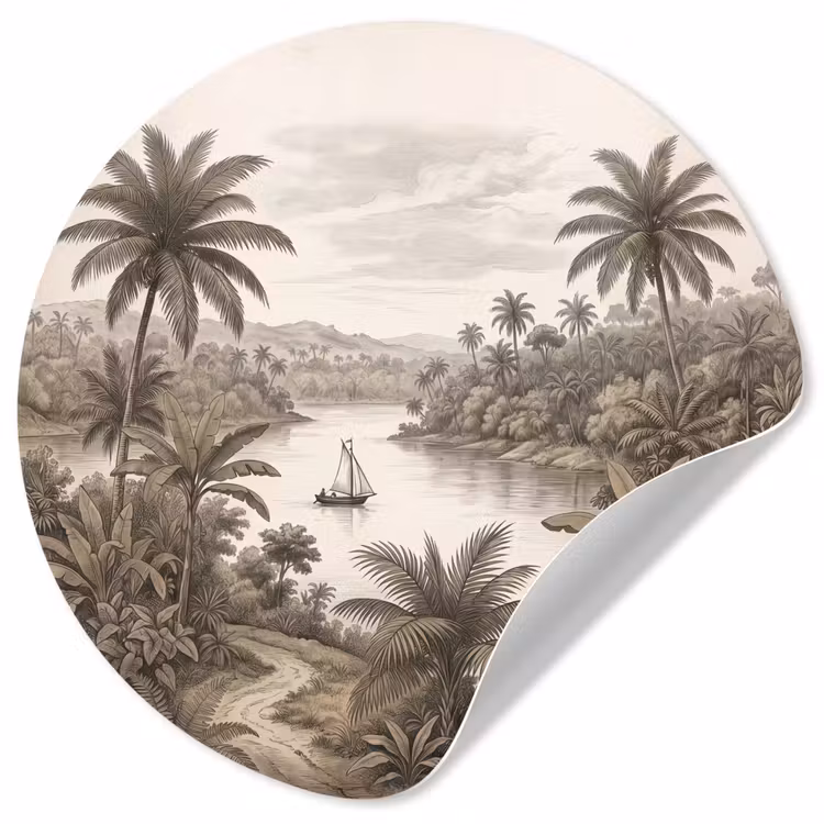 Landschap - Rivier - Boot - Tropisch - Vintage Wandcirkel behangsticker klein -3d