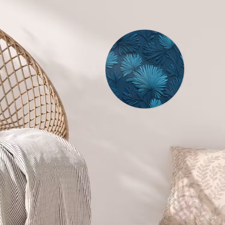 Bladeren - Reliëf - Patroon - Oceaanblauw - Modern Wandcirkel behangsticker klein 186 -sfeer4
