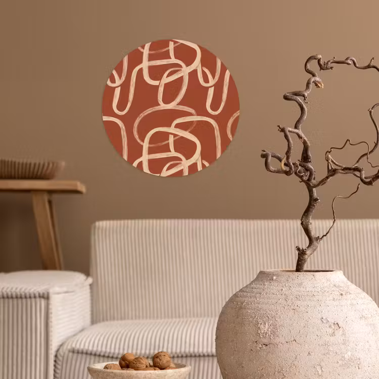 Lijnen - Abstract - Organisch - Terracotta - Crème Wandcirkel behangsticker klein 186 -sfeer1