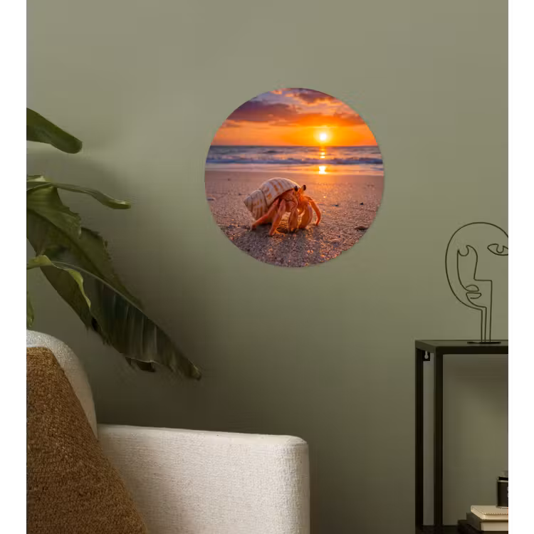 Kreeft - Strand - Natuur - Zonsondergang - Oranje Wandcirkel behangsticker klein -sfeer2