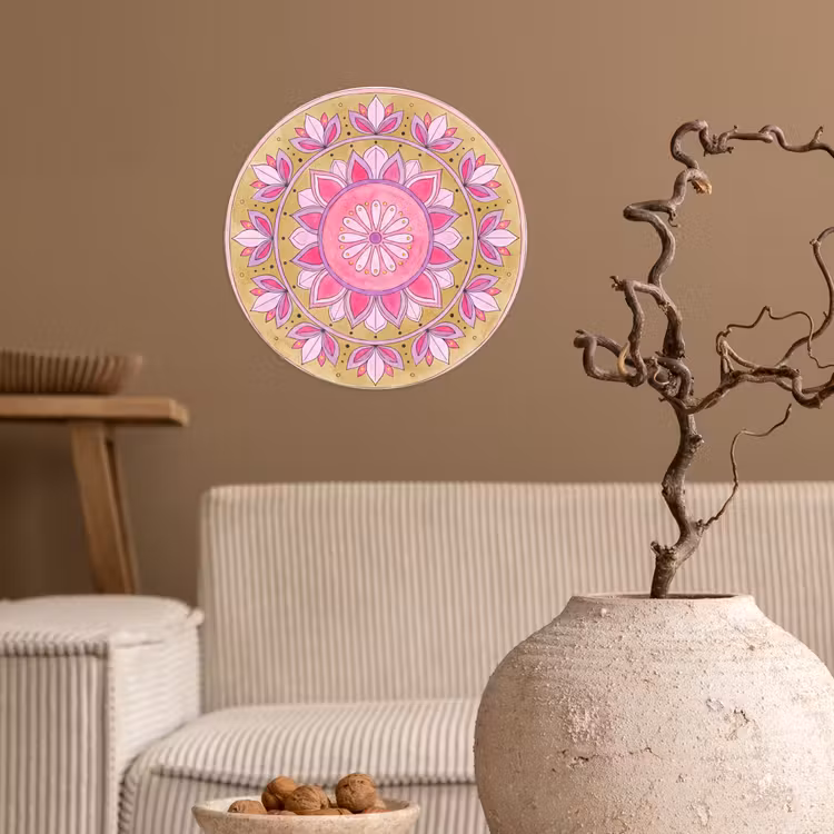 Mandala - Patroon - Kunst - Aquarel - Roze Wandcirkel behangsticker klein -sfeer1