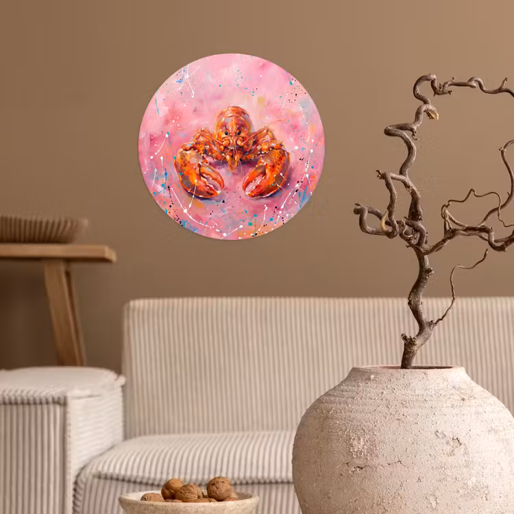 Zeeleven - Kreeft - Spatters - Abstract - Roze Wandcirkel behangsticker klein -sfeer1