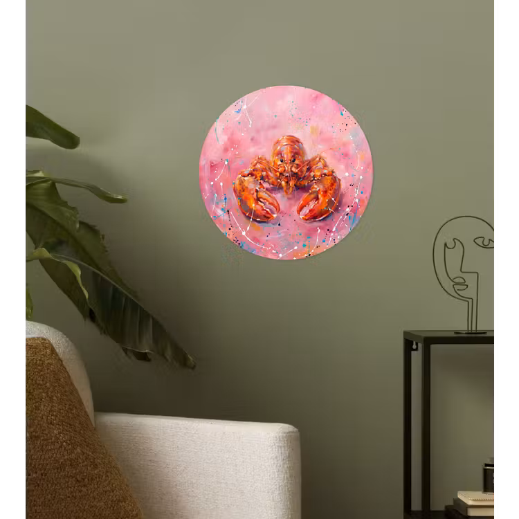 Zeeleven - Kreeft - Spatters - Abstract - Roze Wandcirkel behangsticker klein -sfeer2
