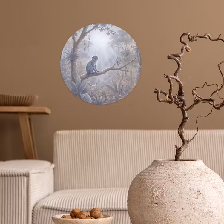 Aap - Boom - Jungle - Natuur - Grijs Wandcirkel behangsticker klein -sfeer1