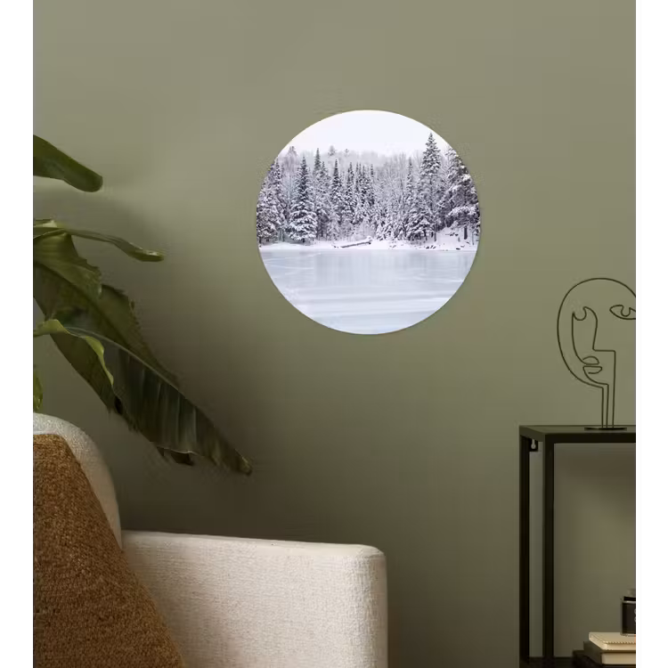 Meer - Dennen - IJs - Winter - Rustgevend Wandcirkel behangsticker klein -sfeer2