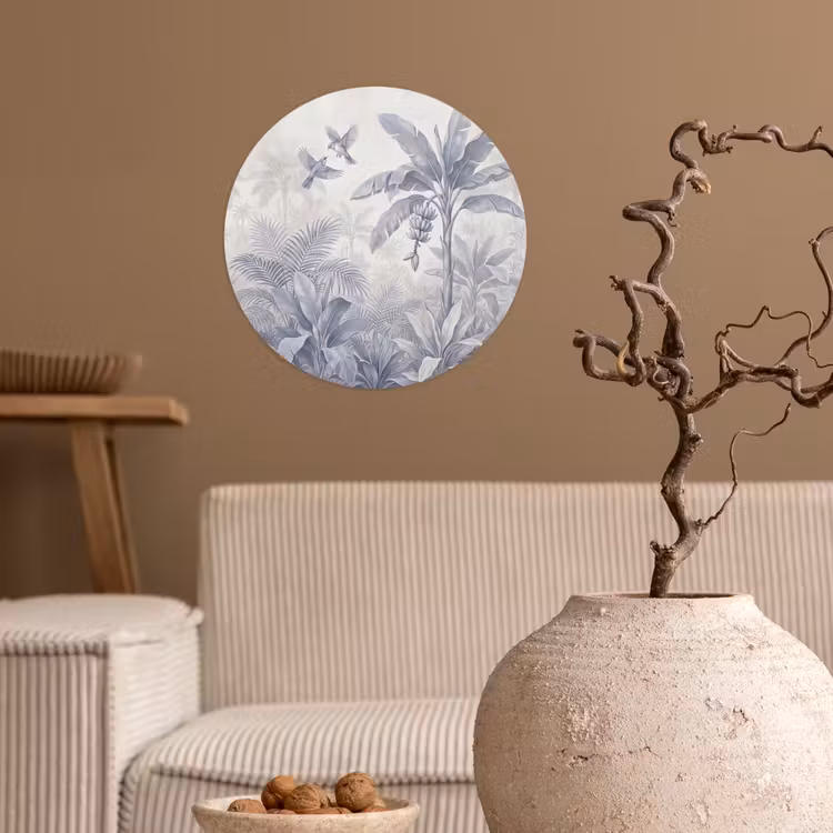 Natuur - Vogel - Jungle - Illustratie - Blauw Wandcirkel behangsticker klein -sfeer1