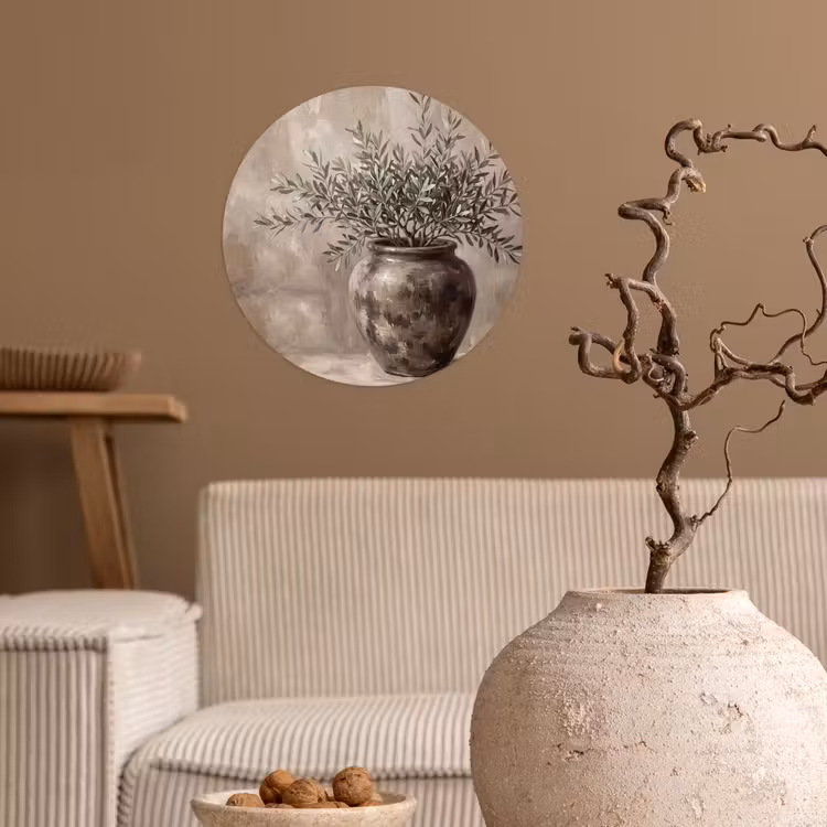Olijfplant - Aardenpot - Abstract - Beige Wandcirkel behangsticker klein -sfeer1