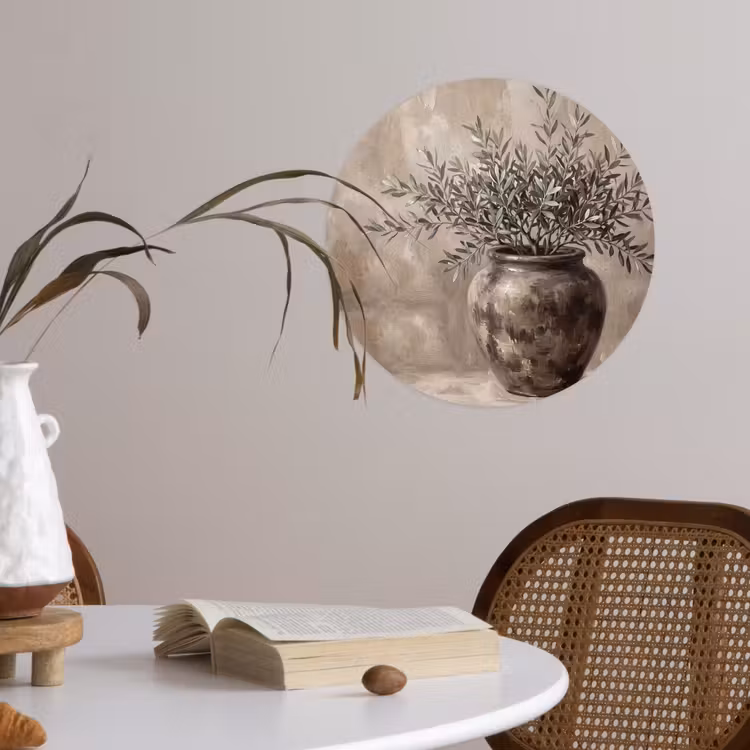 Olijfplant - Aardenpot - Abstract - Beige Wandcirkel behangsticker klein -sfeer3