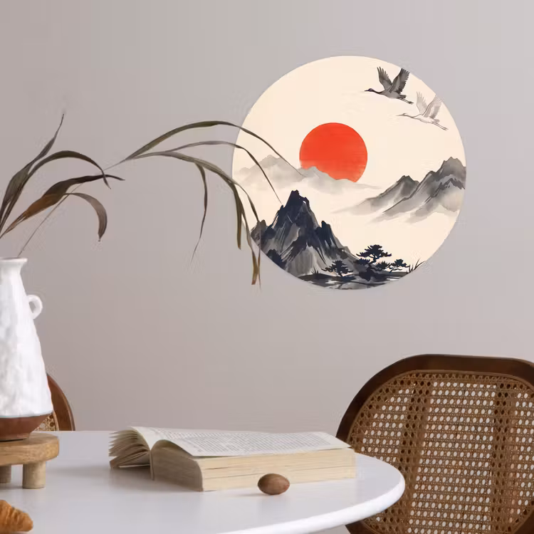 Oosters - Kraanvogels - Landschap Wandcirkel behangsticker klein -sfeer3