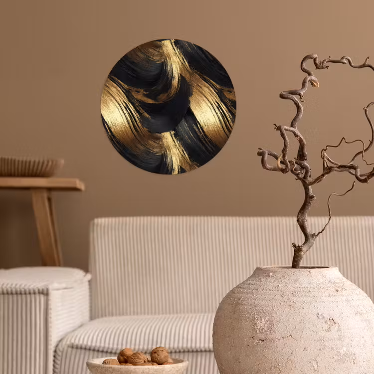 Verfstreken - Abstract - Goud - Zwart Wandcirkel behangsticker klein 186 -sfeer1