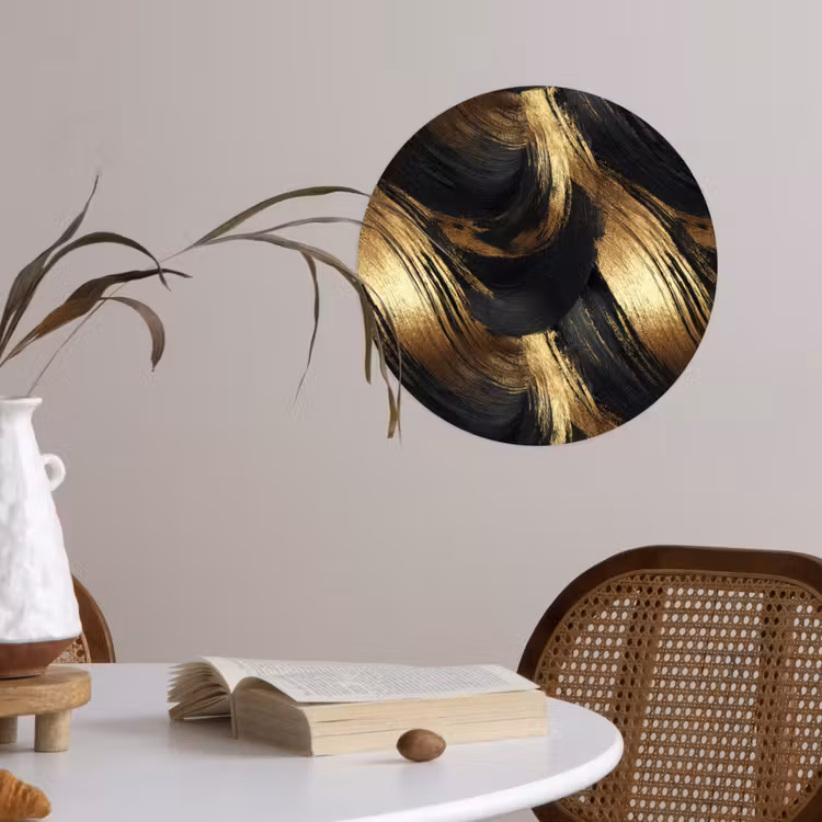 Verfstreken - Abstract - Goud - Zwart Wandcirkel behangsticker klein 186 -sfeer3