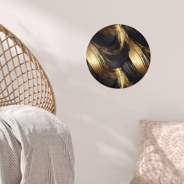 Verfstreken - Abstract - Goud - Zwart Wandcirkel behangsticker klein 186 -sfeer4