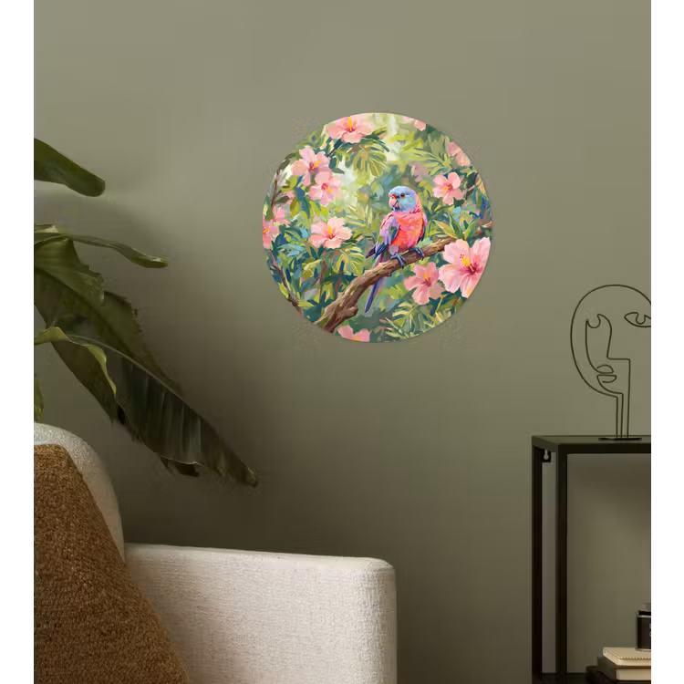 Papagaai - Hibiscusbloemen - Kleurrijk Wandcirkel behangsticker klein -sfeer2