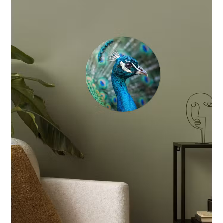Pauw - Veren - Blauw Wandcirkel behangsticker klein -sfeer2